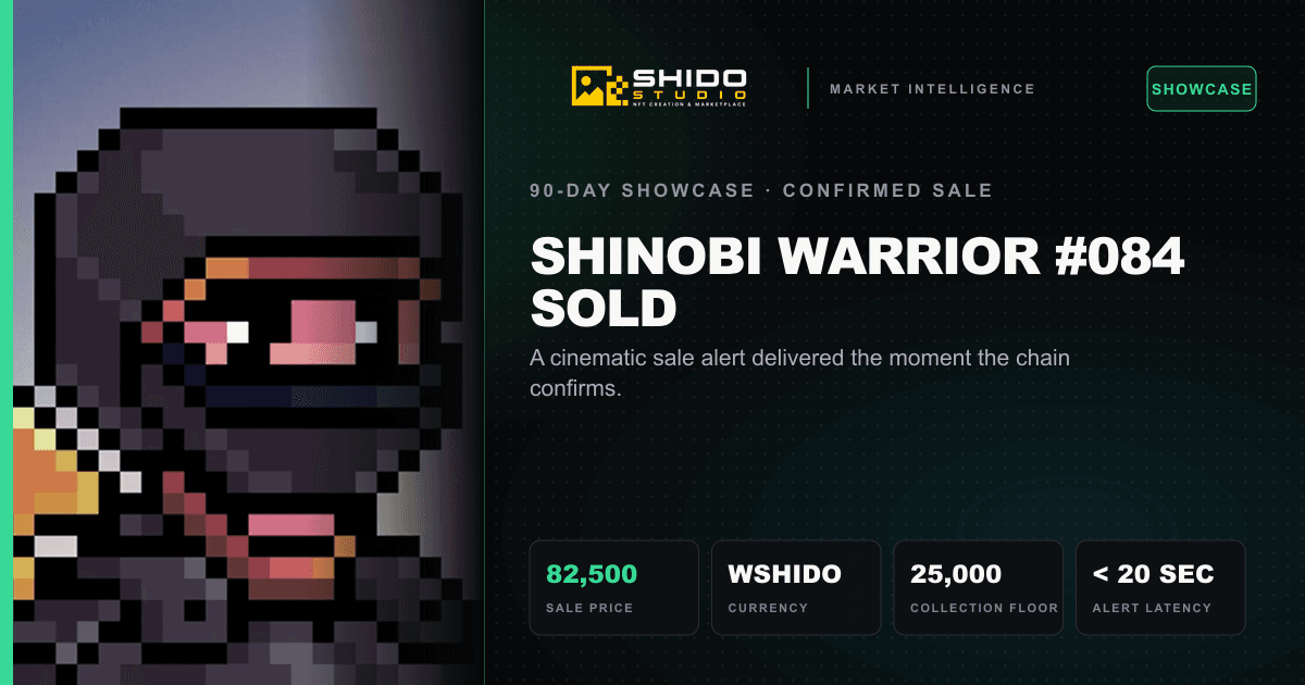 Illustrative Shido Studio Telegram card showing a confirmed Shinobi Warrior NFT sale